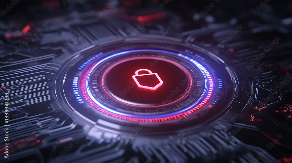 Poster digital lock symbol on futuristic circuit board in blue and red light for cybersecurity concepts and