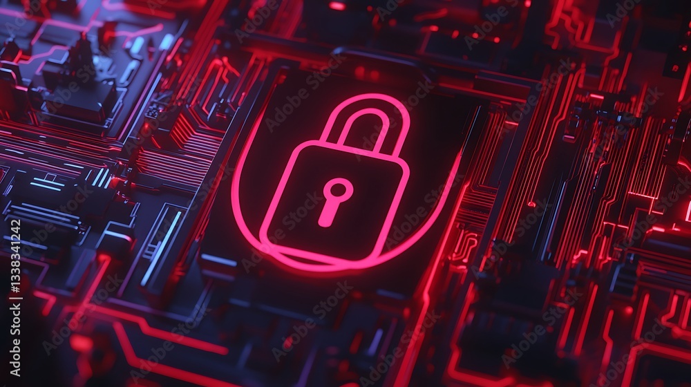 Poster digital lock symbol on high-tech circuit board background in red and black color scheme
