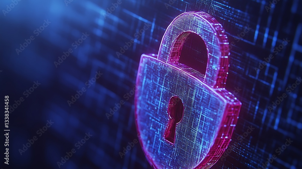 Poster digital lock symbol representing cybersecurity and data protection in futuristic environment with ne
