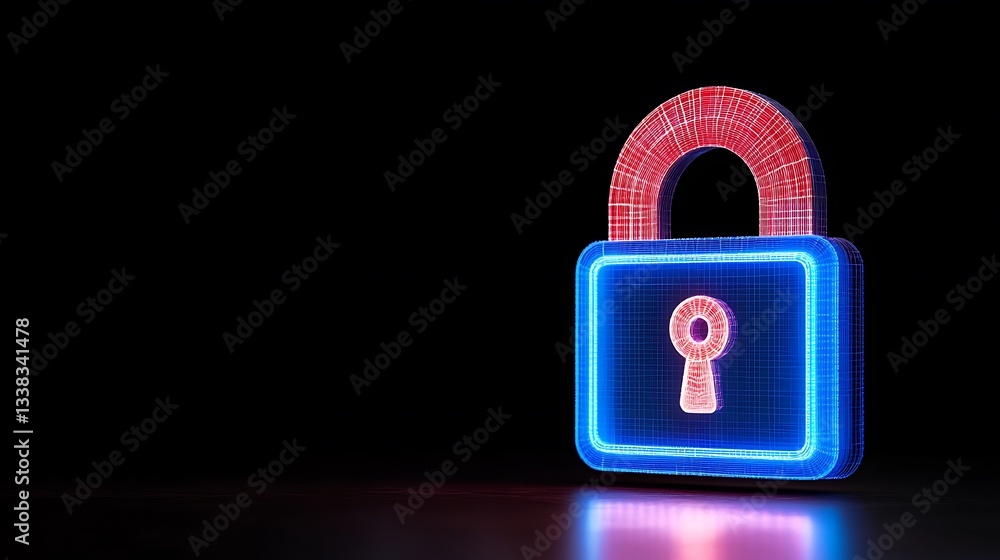 Poster digital lock symbol representing data security and protection in a futuristic style with neon glow e