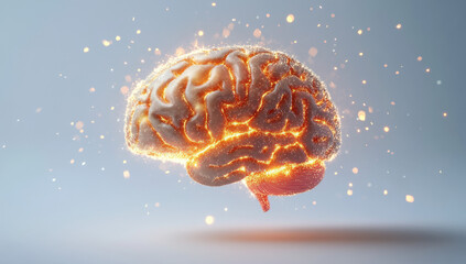 Fototapeta premium 3D render of a brain with sparks on a light grey background, close-up shot Generative AI 