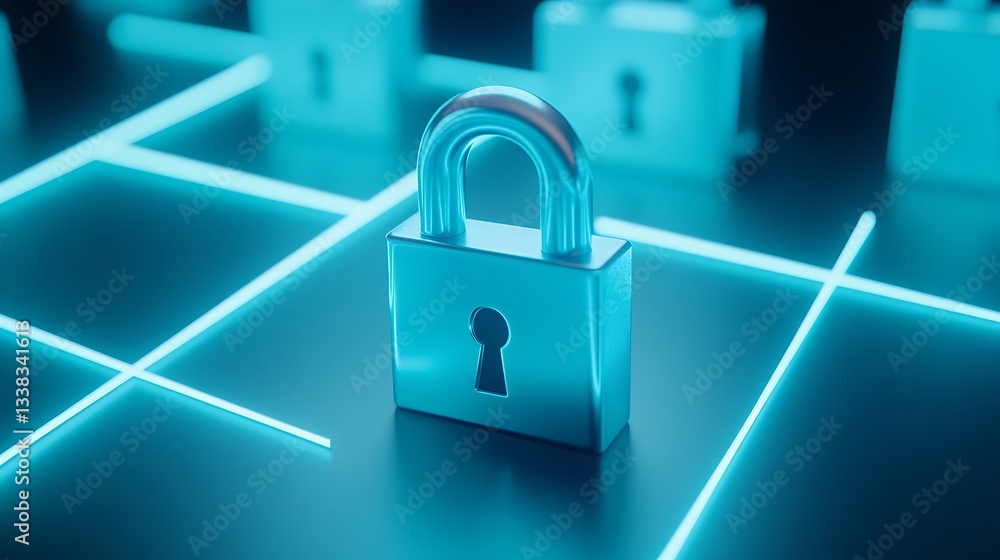 Poster digital lock symbolizing security and protection in modern technology with neon blue elements and re