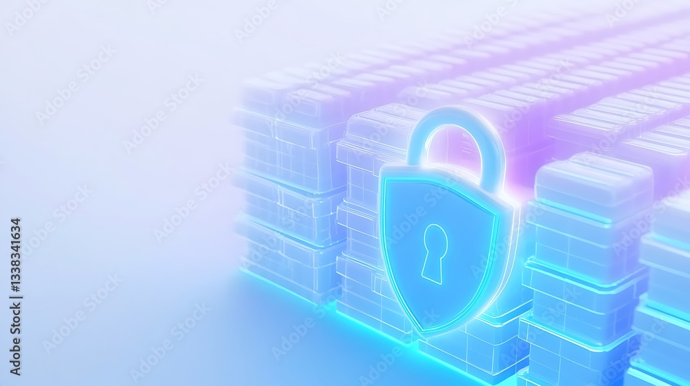 Poster digital lock symbolizing security for data protection on a futuristic background with stacked blocks