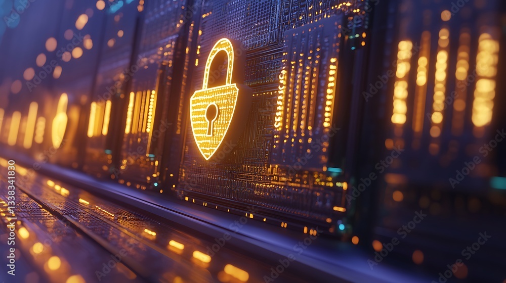 Poster digital network security concept with lock symbol and abstract background in futuristic style