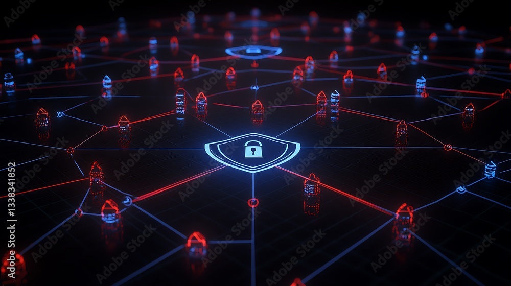 Poster digital network security concept with nodes and shield icon illustrating cyber protection and data s