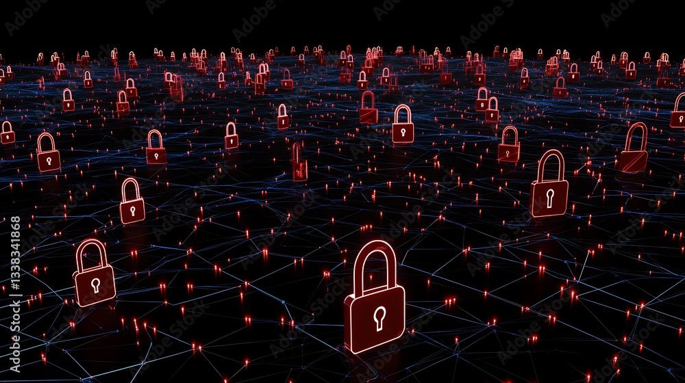 Poster digital network security concept with red locks on a dark background representing cyber protection e
