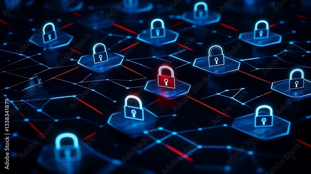 Poster digital network security concept with padlocks representing data privacy and cyber protection strate