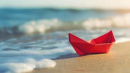Photo of a red paper boat on the beach Generative AI	