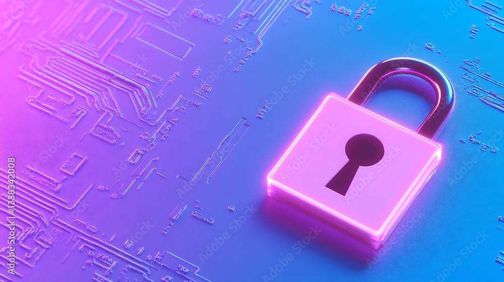 Poster digital padlock on circuit board background representing cybersecurity and data protection concepts 
