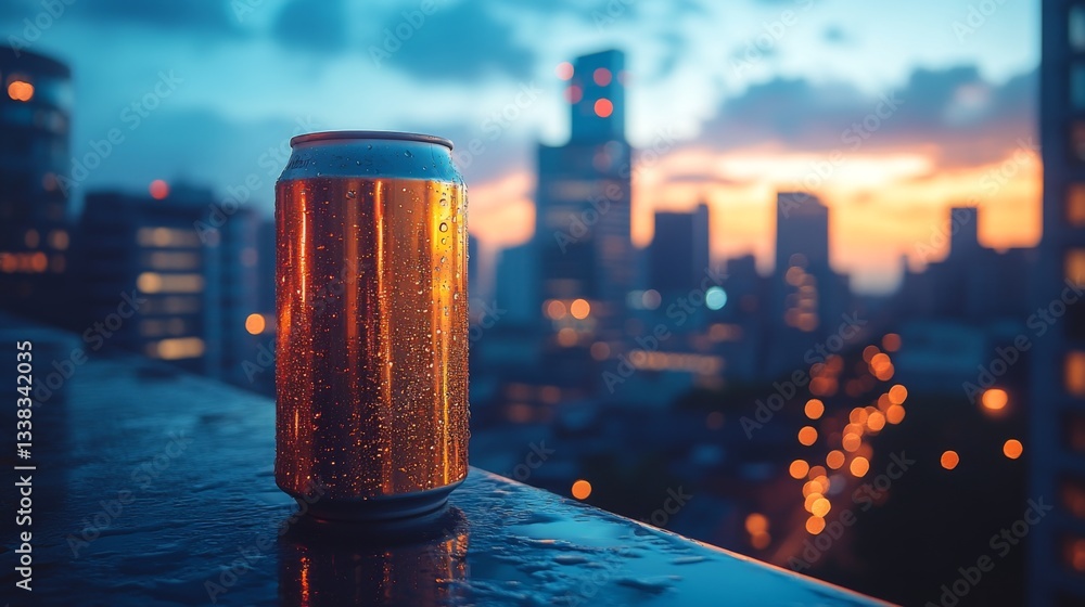 Poster A cold beverage can with condensation sits on a ledge, overlooking a bustling cityscape at twilight. The skyline glows with city lights and colorful clouds above.
