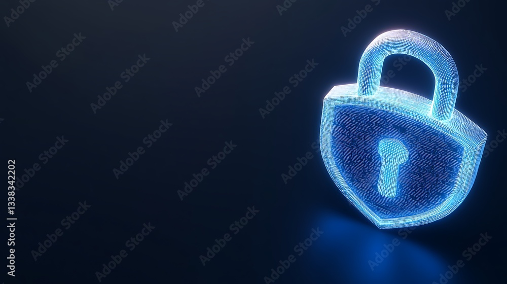 Poster digital representation of secure lock with keyhole in neon blue glow against dark background