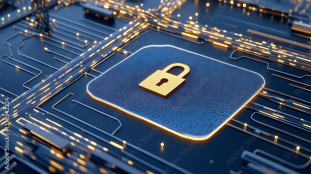 Poster digital representation of cyber security privacy with lock symbol on circuit board background