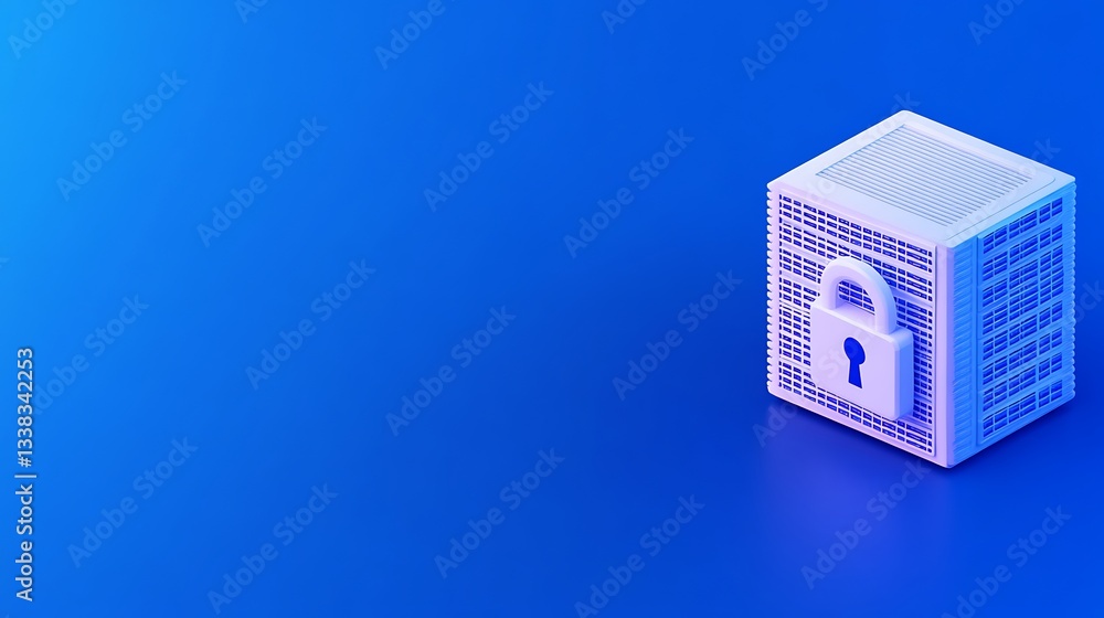 Poster digital security concept featuring 3d rendered padlock on blue background with abstract data visuali