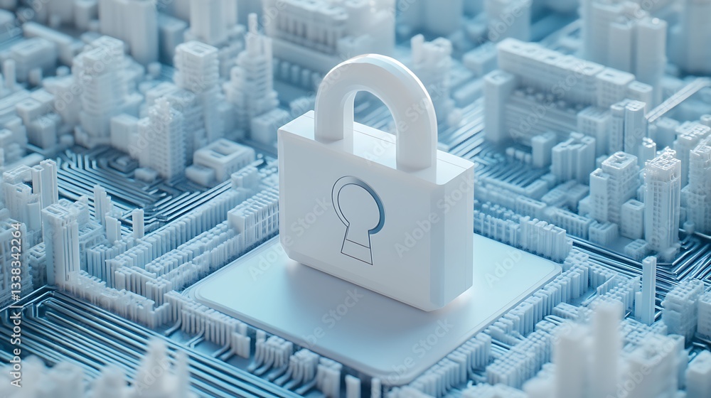 Poster digital security concept featuring a 3d lock surrounded by abstract cityscape and circuitry design