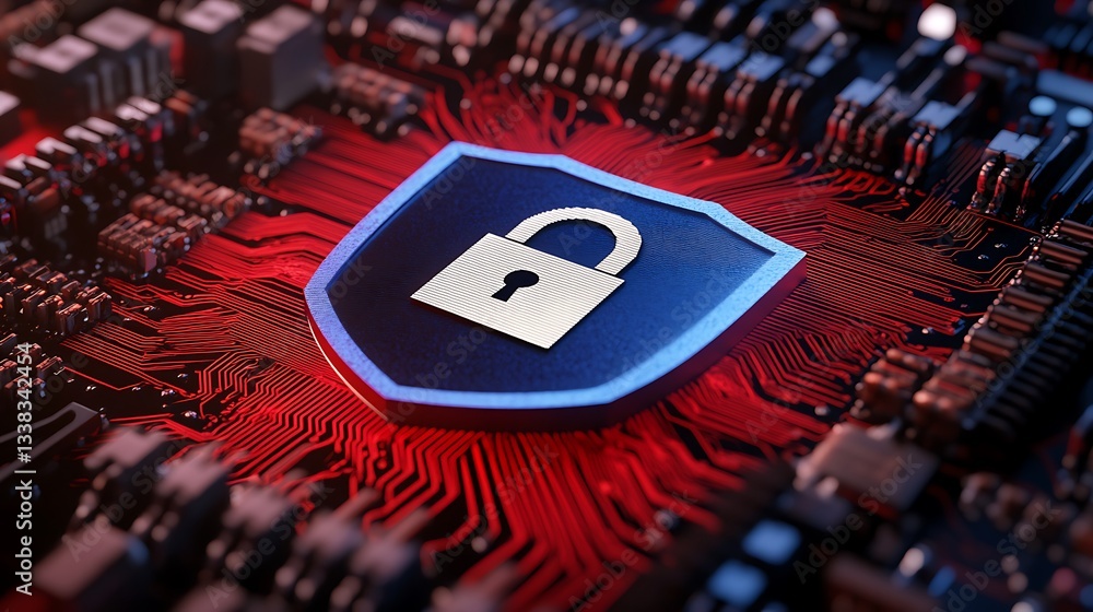 Poster digital security concept featuring shield and padlock on circuit board with red and black design