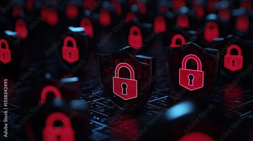 Poster digital security concept showcasing numerous glowing lock symbols representing cybersecurity and dat