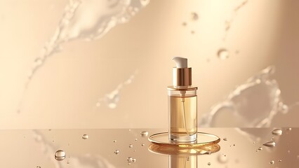 Naklejka premium Reflections of Elegance Cosmetic Bottle on Glass Base in Bronze and Ivory