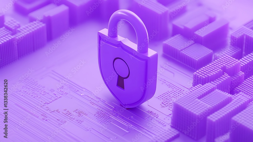 Poster digital security concept with a 3d padlock on a purple background representing cybersecurity and dat