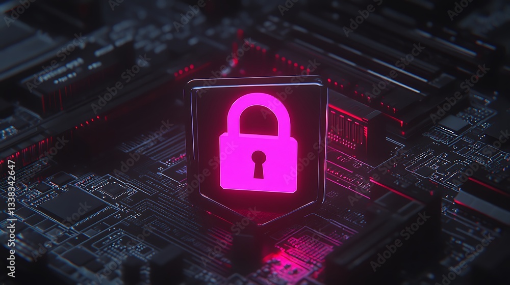 Aufkleber digital security concept with a glowing lock symbol on a circuit board background in neon colors