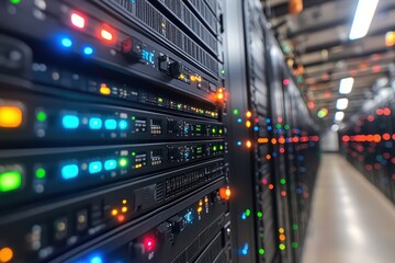 Data center filled with illuminated servers during nighttime operations