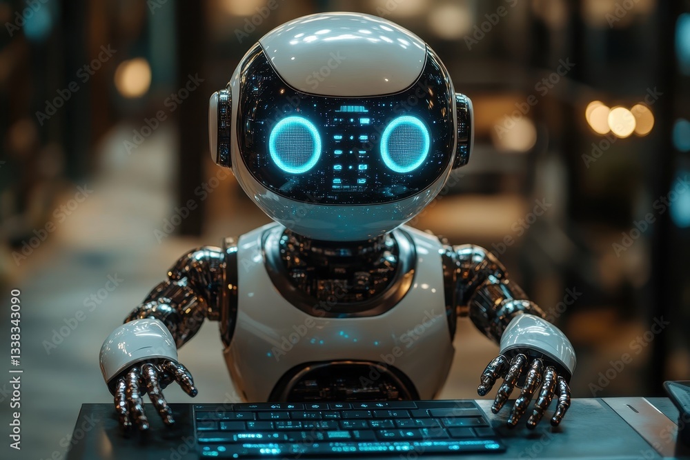 Poster robot working on keyboard in modern tech environment during evening hours