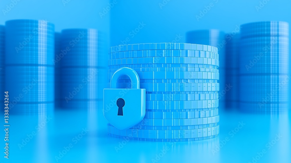 Poster digital security concept with blue data locks and data storage in a modern financial environment