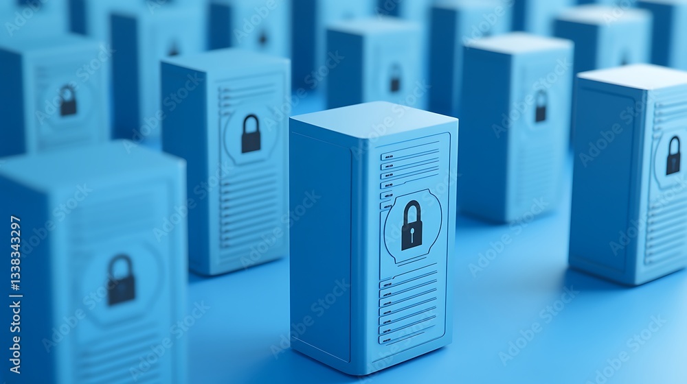 Poster digital security concept with blue data servers featuring locked icons representing cybersecurity pr
