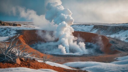 Steam rises from a geothermal vent in a desolate, snow-covered landscape.