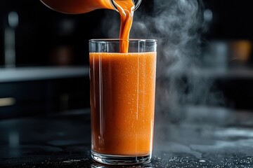 Pouring a vibrant orange smoothie into a glass, creating a steamy mist, representing a healthy and invigorating start to the day on a dark surface.