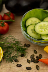 Beautiful fresh vegetables on the table. Preparation of salad. Vegetable slices