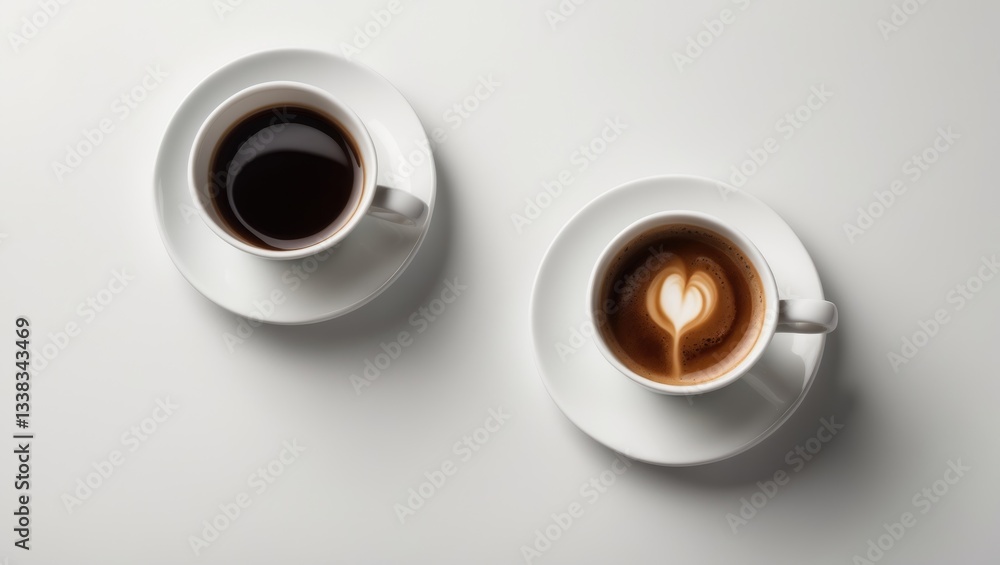 Aufkleber cup with steaming fragrant coffee and an empty one placed on a white surface, viewed from above.