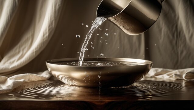 Pitcher dispensing water into basin along with linen cloth