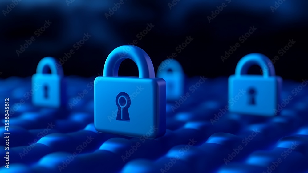 Poster digital security concept with blue padlocks on abstract background for cyber protection and data pri