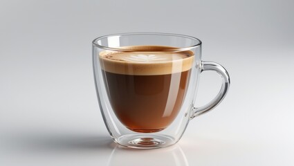 Coffee Americano presented in a clear glass mug against a white background. An elegant and classic coffee drink.