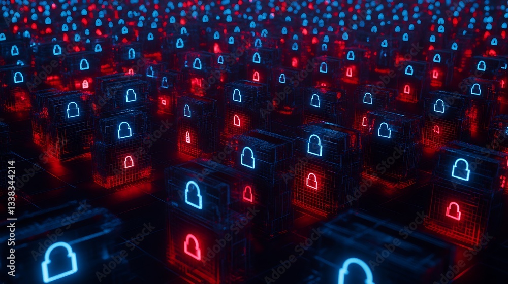 Poster digital security concept with colorful locks in future technology network environment