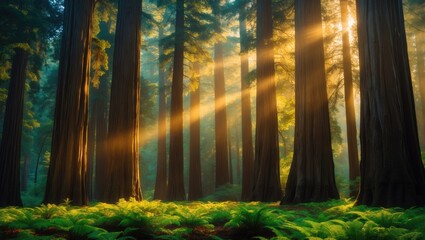 Fototapeta premium Sunlight pouring through the trees in a forest.