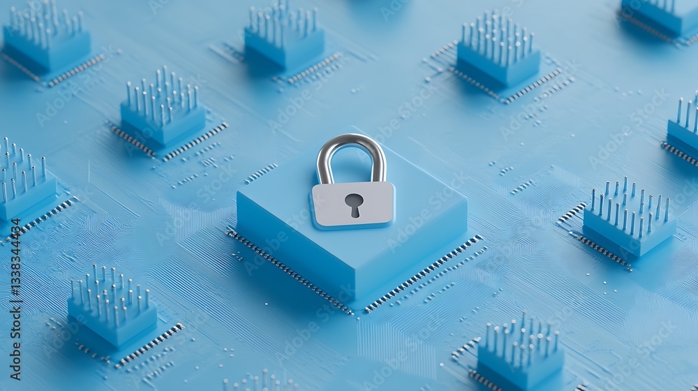 Poster digital security concept with electronic chip, lock symbol and circuit board background in modern te