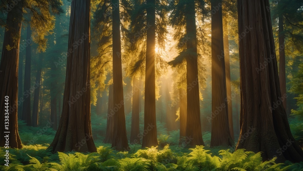 Aufkleber sunlight filtering through the trees in a forest.