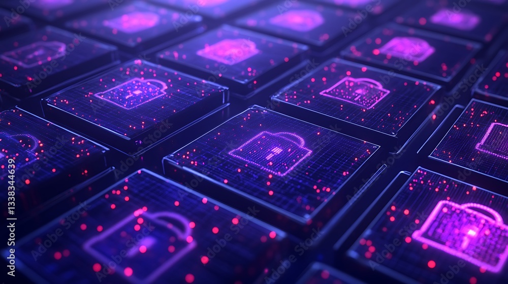 Poster digital security concept with futuristic lock icons on circuit board background in neon colors