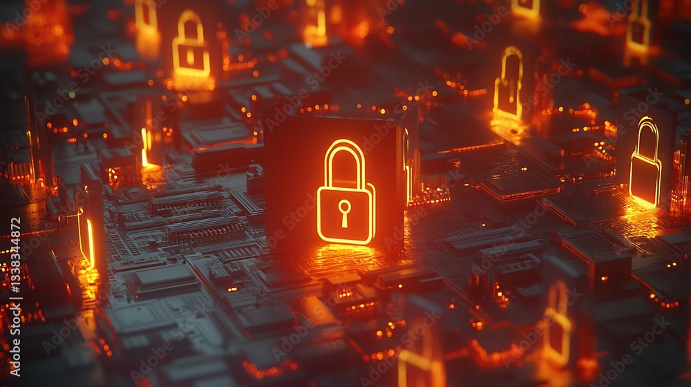 Poster digital security concept with glowing lock icons on a circuit board in a futuristic environment
