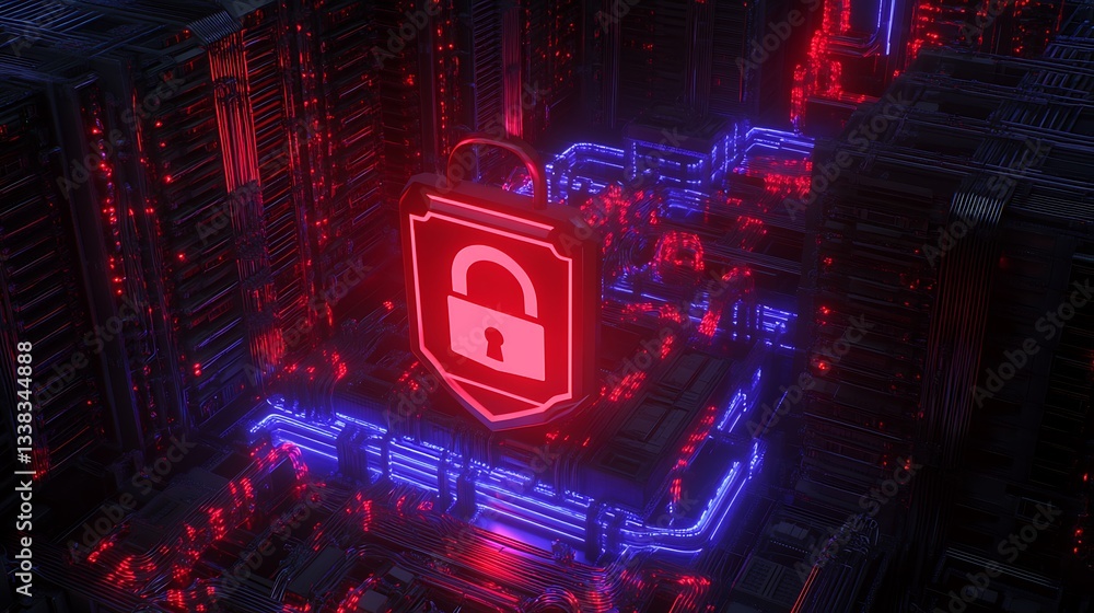 Poster digital security concept with glowing lock icon on a futuristic circuit board in blue and red lights