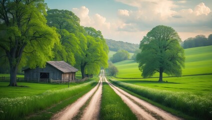 Obraz premium Spring landscape featuring a dirt road that leads to a field with green grass and trees lining the sides.