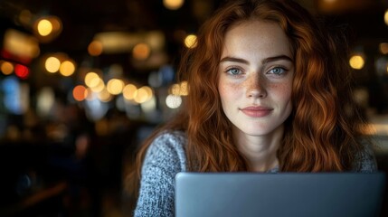Fototapeta premium Smiling Young Woman with Red Hair Focused on Laptop Screen in a Bustling Cafe Atmosphere