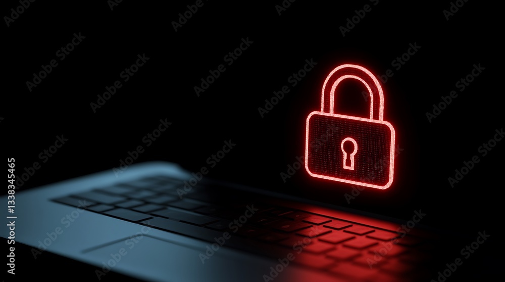 Poster digital security concept with glowing red padlock icon over laptop keyboard representing online prot