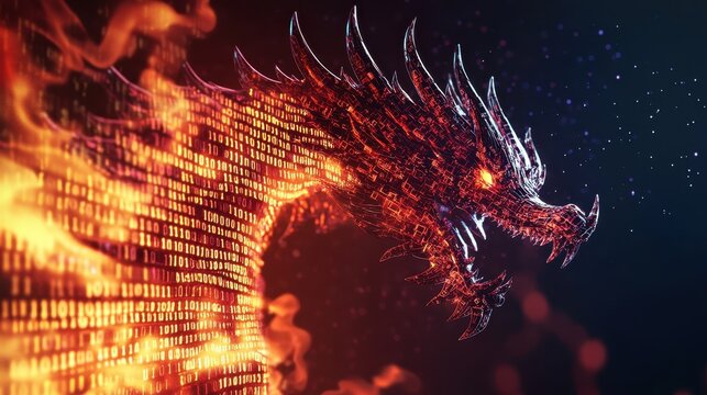 A digital dragon made of binary code emerges from flames, symbolizing technology and power.
