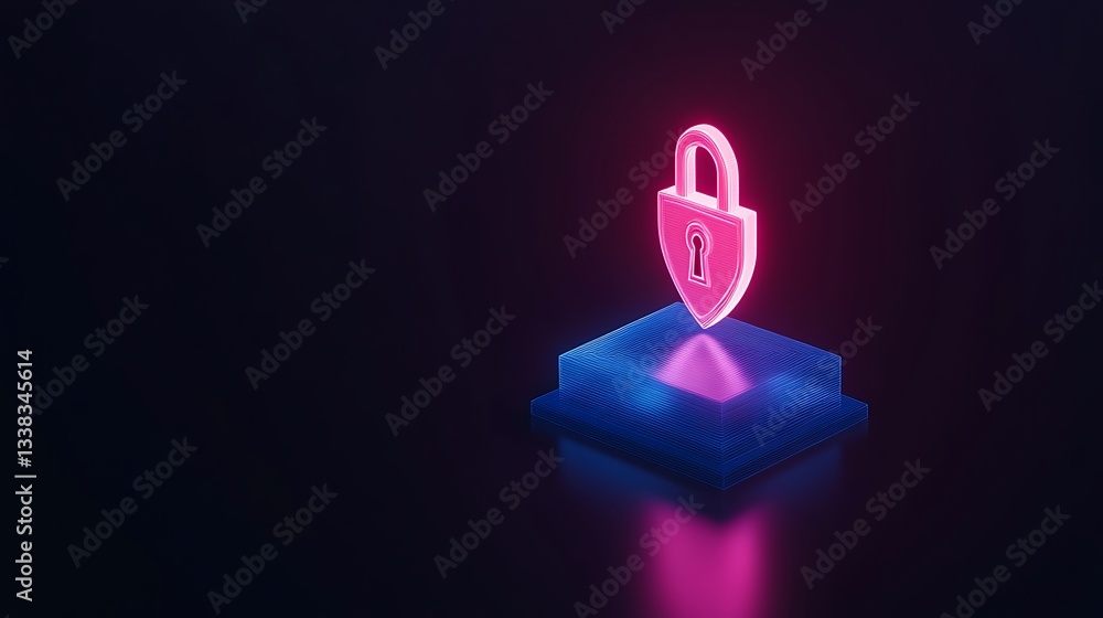 Poster digital security concept with illuminated padlock symbol on a podium in a dark environment for abstr