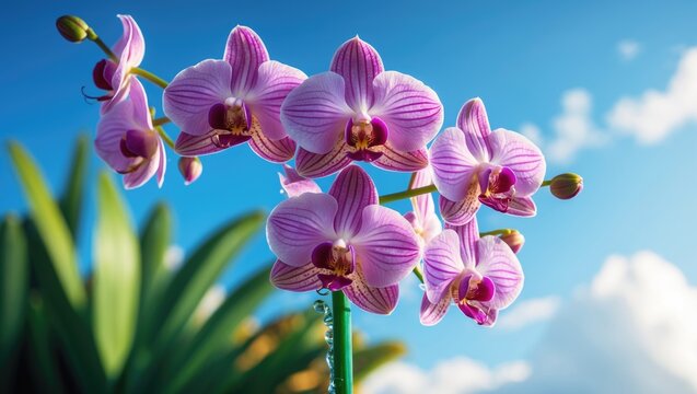 Pink Purple Dendrobium Orchids against the blue sky