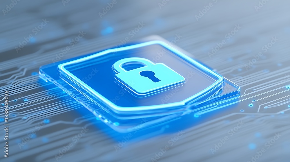 Poster digital security concept with lock icon on circuit board background for cyber protection and data sa