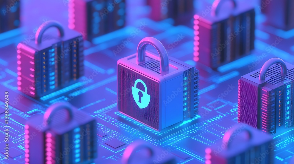 Poster digital security concept with lock icons on computer circuit board in neon colors for technology the