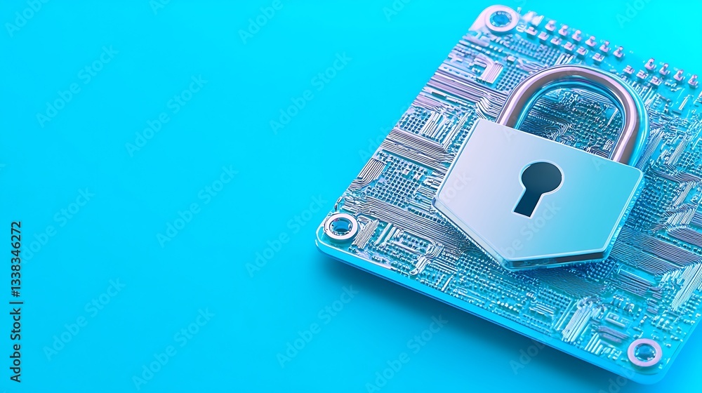 Poster digital security concept with lock on circuit board background illustrating cybersecurity and data p
